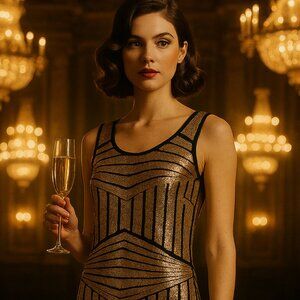 ✨ Loveriche Gold & Black Sequin Geometric Mini Dress • Women’s M • NYE • Gatsby